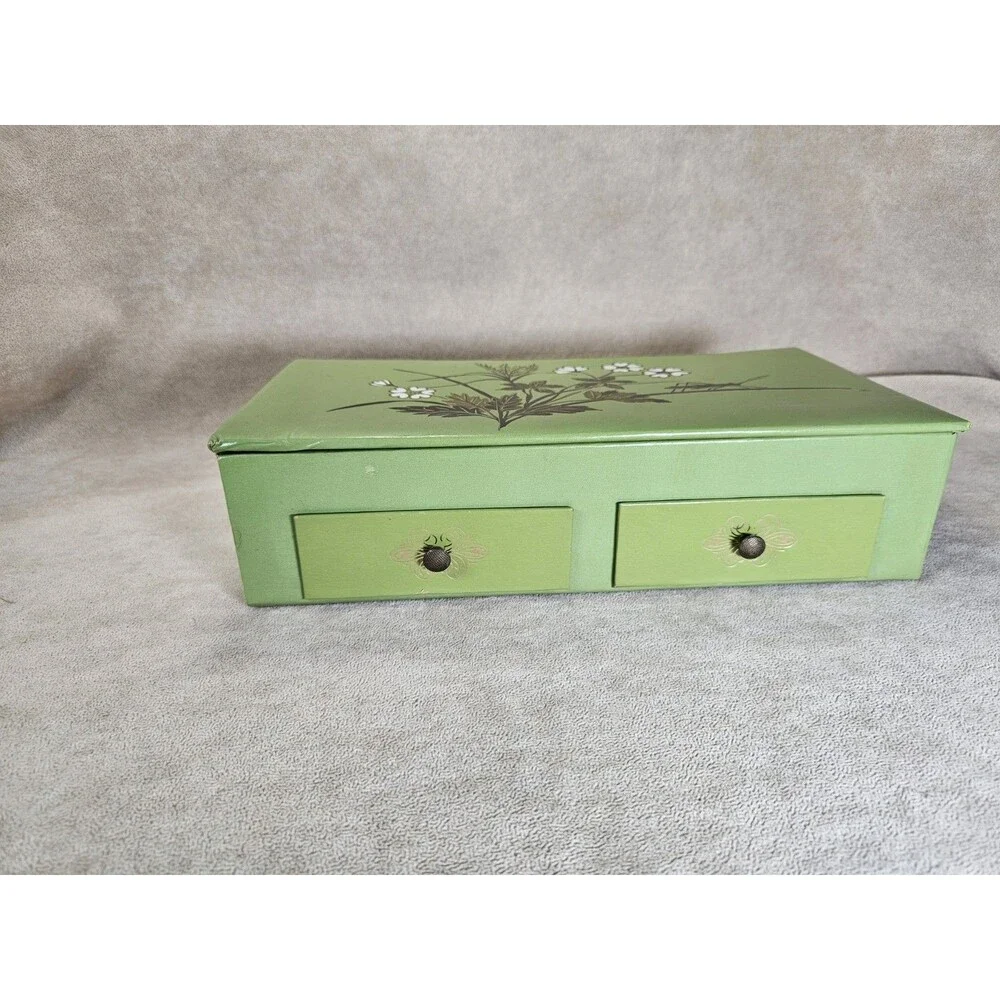 Vintage Cardboard/Leather-like Jewelry Box Green w/Tree 1960's Trinket 2 Drawers